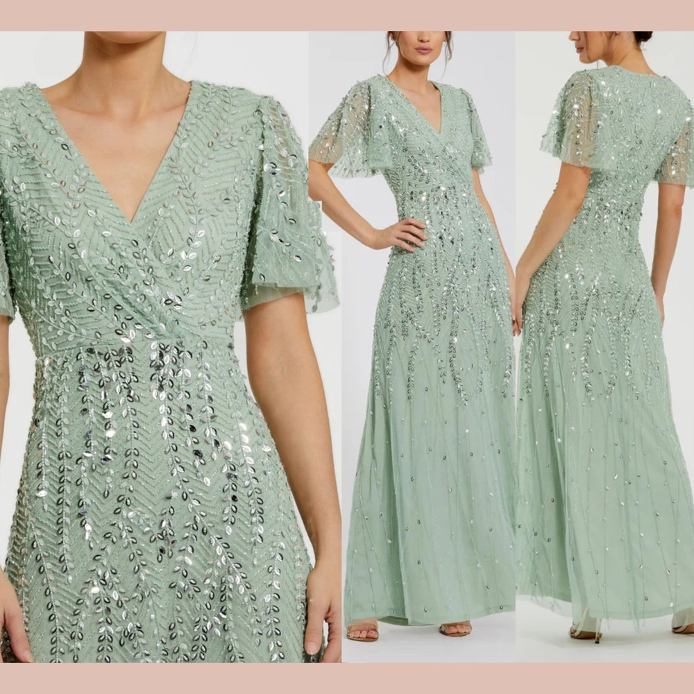 NWT Mac Duggal [ 8 ] 35109 Beaded Wrap Over Butterfly Sleeve‎ Column Gown J1622